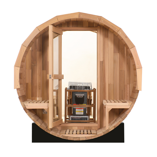 Blisspod | Prague | Canadian Red Cedar Outdoor Steam Barell Sauna, 2-4 / 4-6 persons with Full Glass Back & 2 front Porch seats