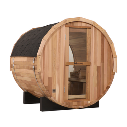 Blisspod | Prague | Canadian Red Cedar Outdoor Steam Barell Sauna | Full Glass Back | 70.87"H x 70.87"W x 70.87"D | 4-6 person
